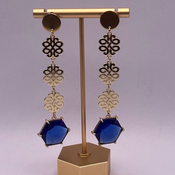 Elegant Dark Blue Dangle Statement Earrings - Long Stylish Wedding Earrings - Picture 1 of 10